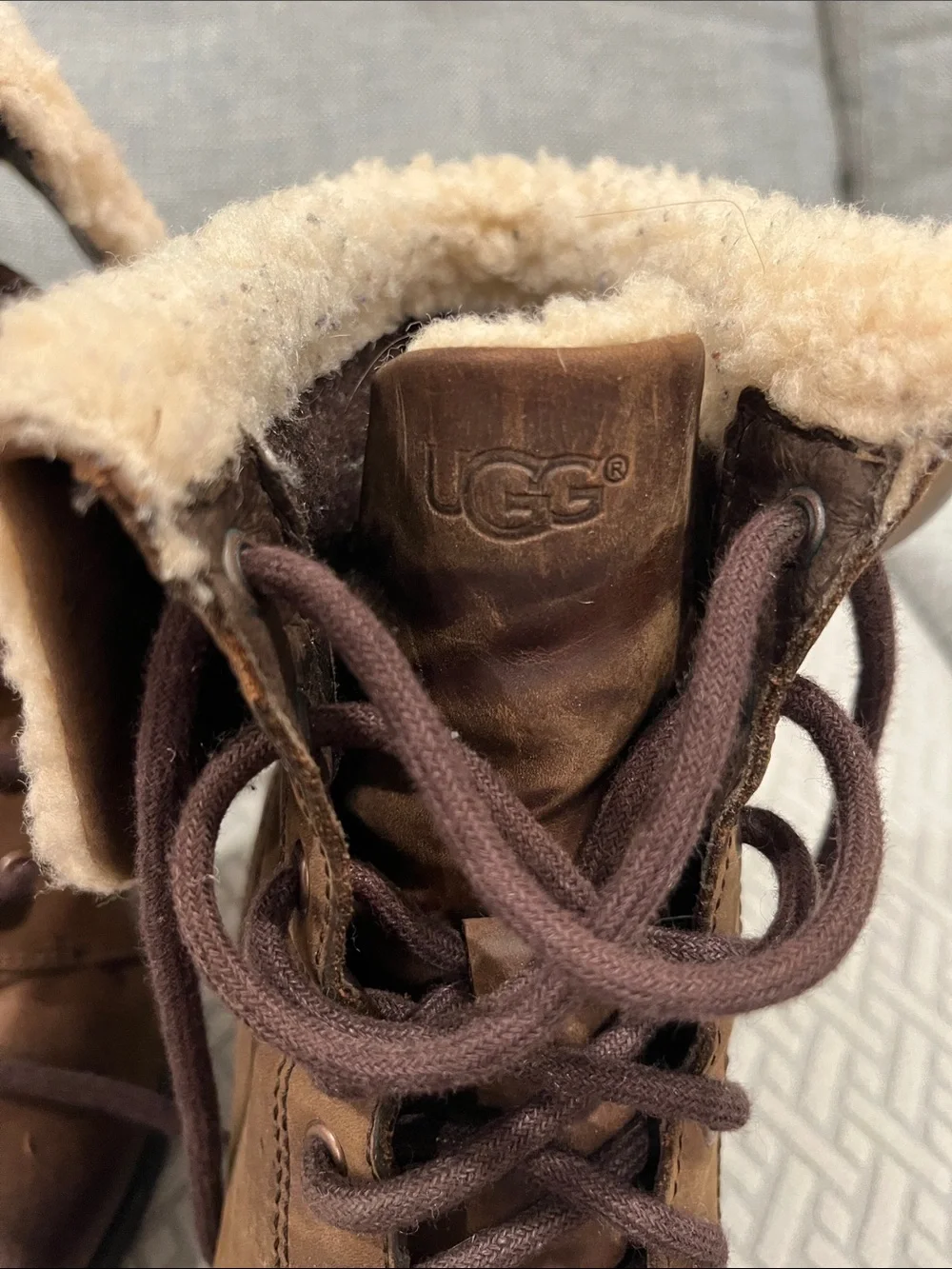 UGG Brown Wedge Lace-Up Ankle Boots with Cream Sherpa Cuff